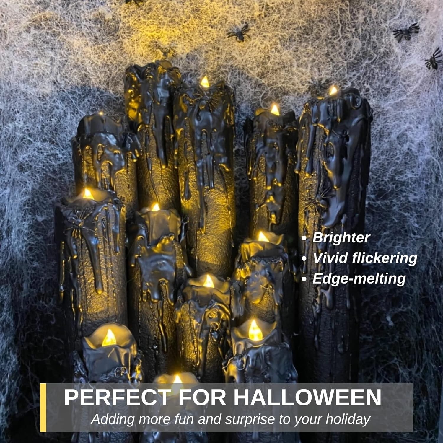 24-Pack Halloween Black Dripping Flameless Tea Lights, Battery Operated Flickeri