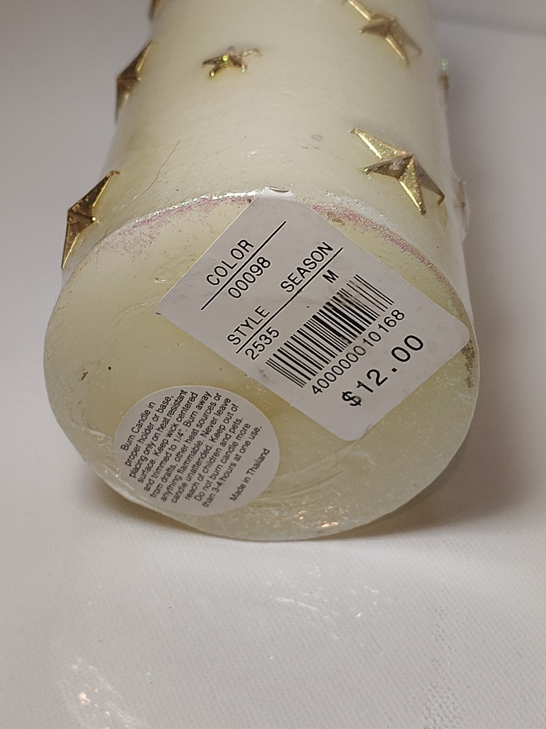 Vintage “A Touch of Gold” Wax Pillar Candle Glitter Cream Gold Stars 6.25″ New