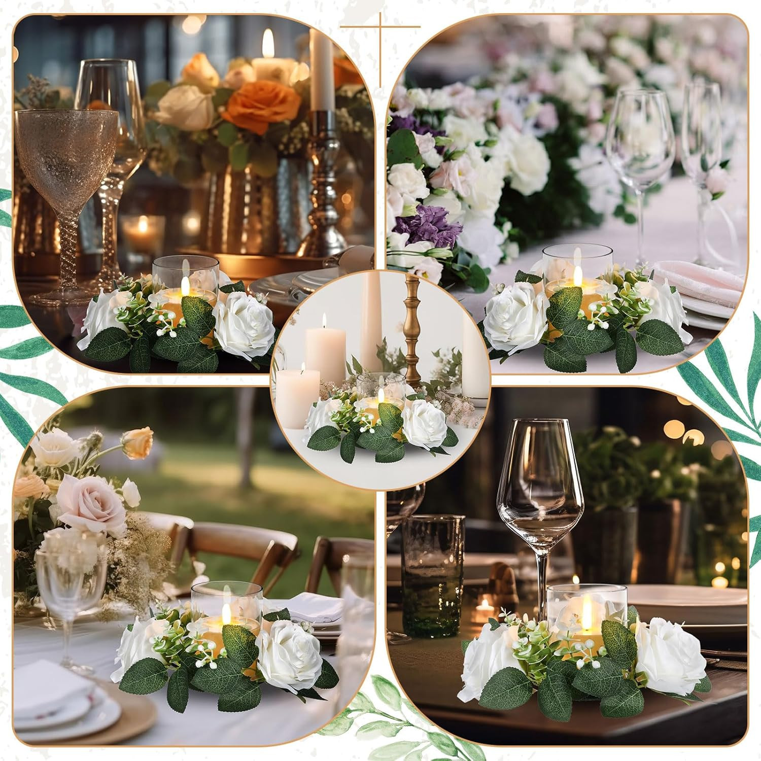 20 Pcs White Rose Candle Rings with Flameless Candles for Weddings & Events