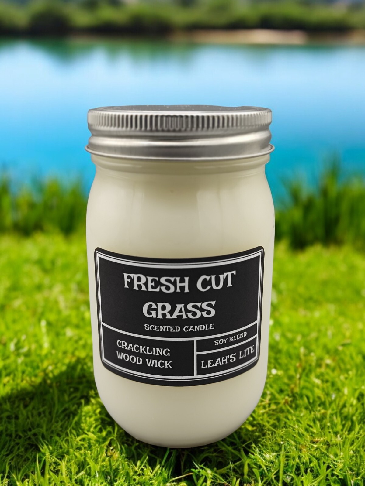 WOOD WICK * FRESH CUT GRASS * scented * Leah’s Lite Candle *16oz
