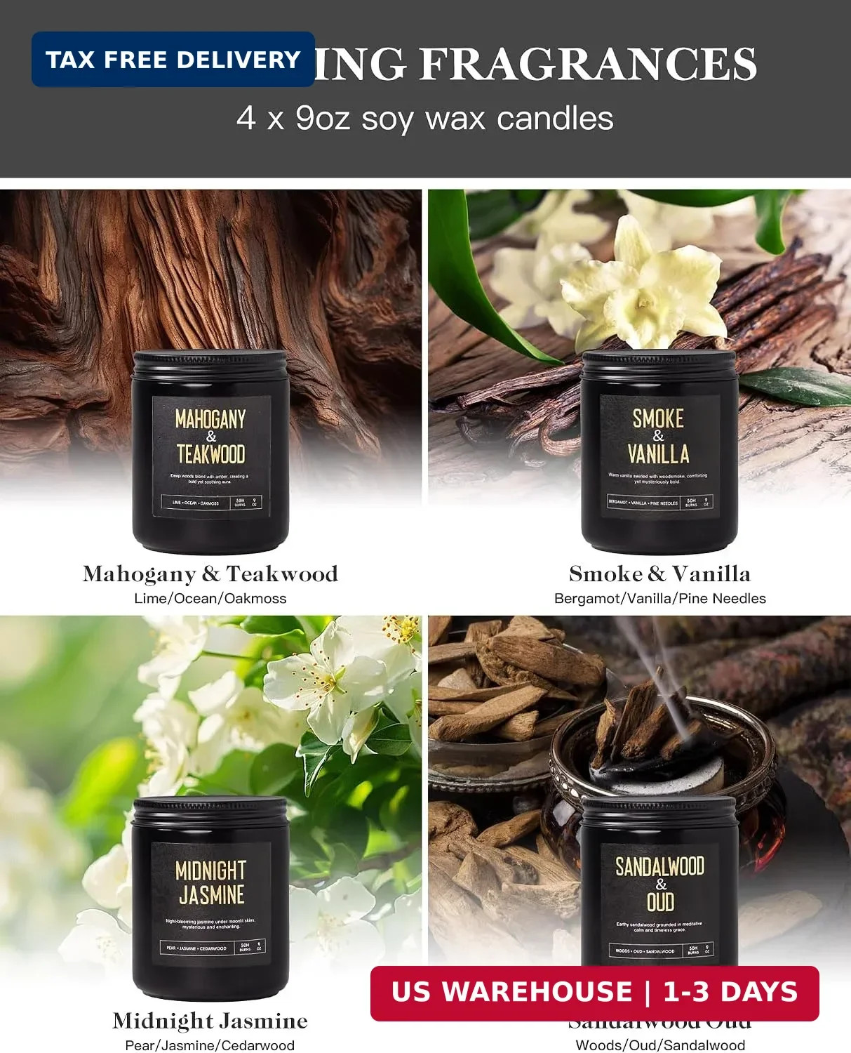 Men’s Candle Gift Set, 4 Pack Crackling Wood Wick Soy Scented Candles, 36oz M…