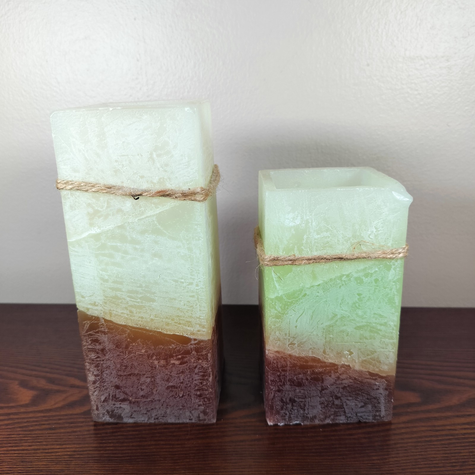 Flameless Candle Set of 2 Leaf Accent 7.5in & 6in Brown Green Cream Battery