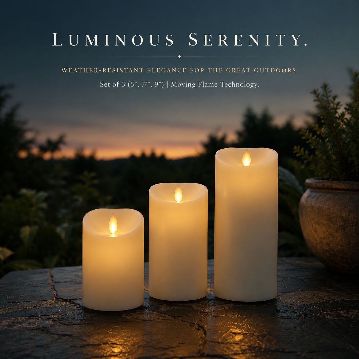 Luminara Flameless Outddoor Waterproof Pillar Candles with Remote Ivory Set of 3