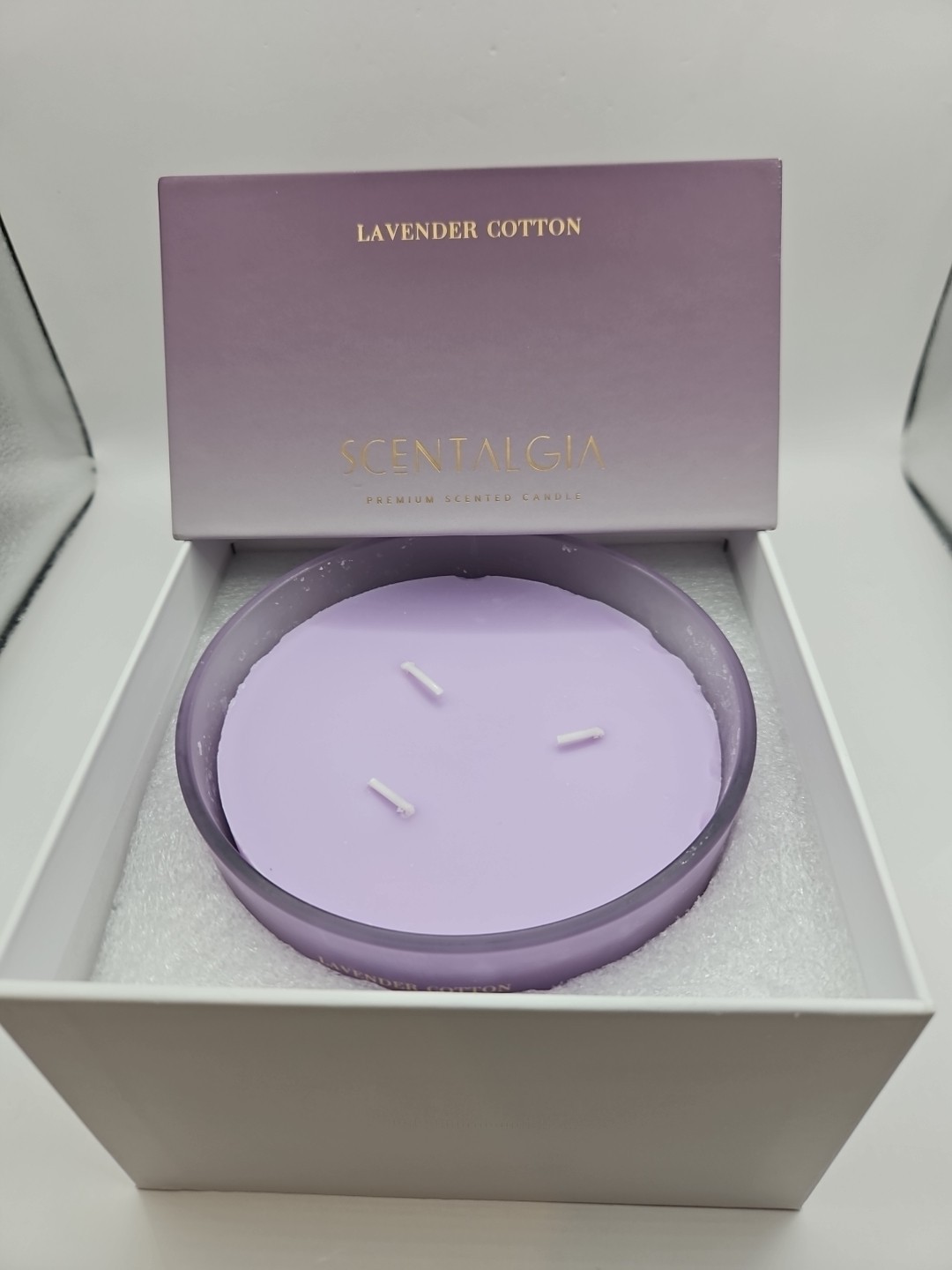 NOS Lavender Cotton Fragrance Candle 20 Oz 3 Wick Candle Jar 55 Hours Burn Time