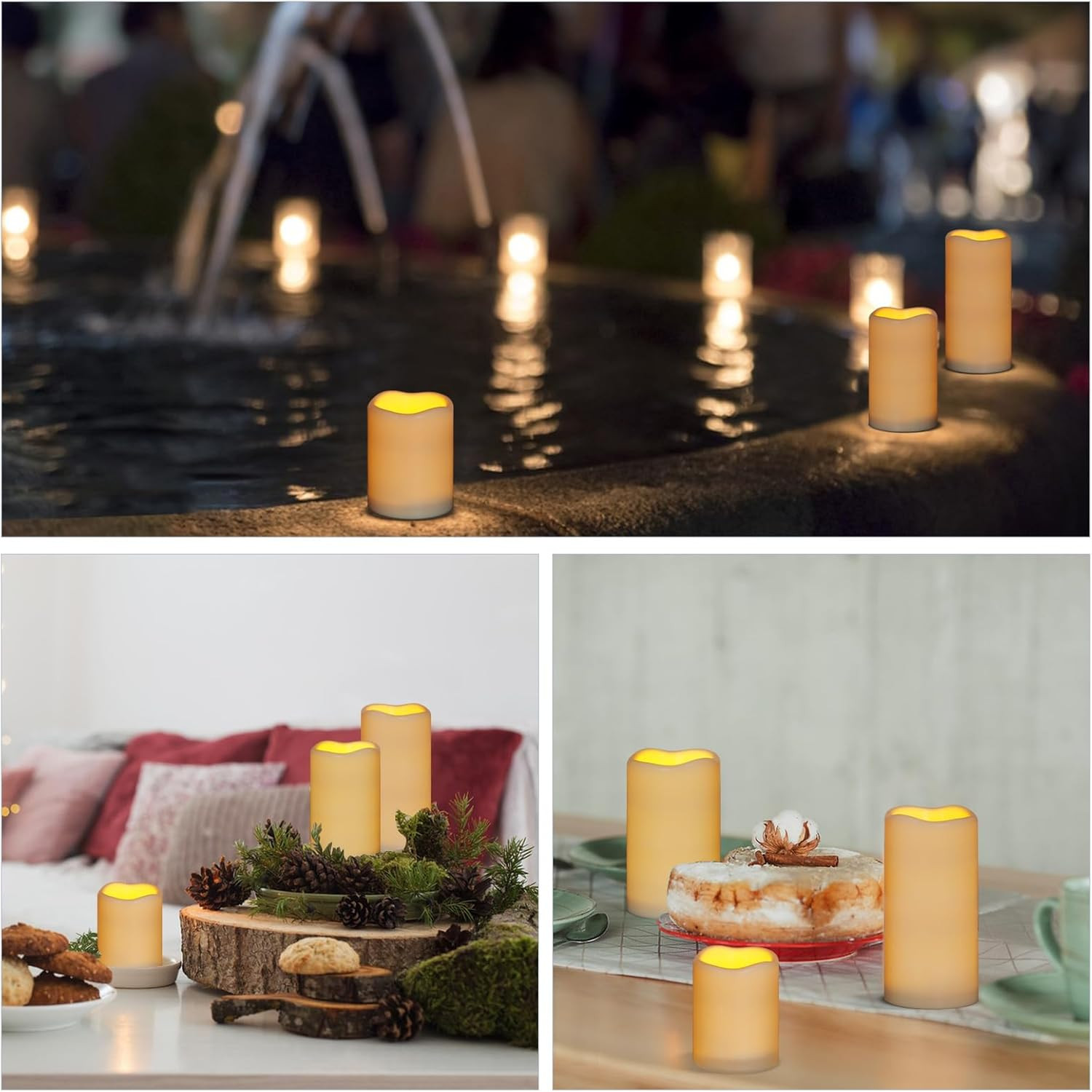 Flameless Candles 4″ 5″ 6″ Set of 3 Ivory Outdoor Indoor Pillars 3″ Diameter Bat