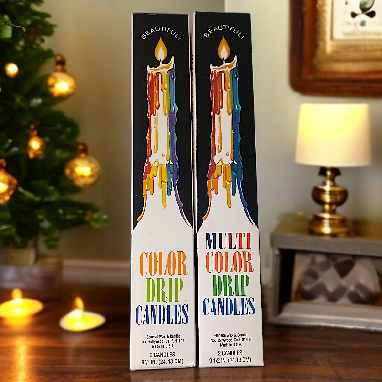 4 Vtg Color Drip Candles Wine Bottle Decor Multicolor NEW 2 In Each Box 70s 9.5″