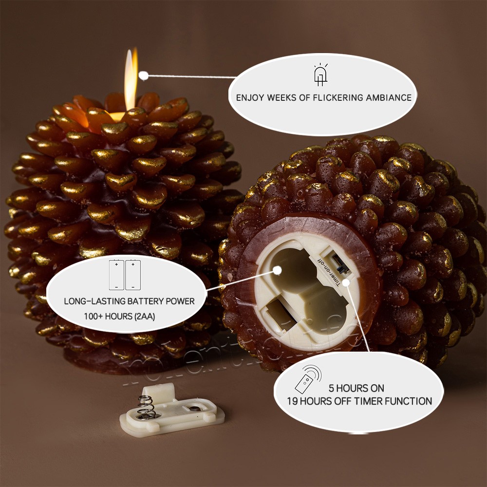 Luminara Flameless Brown Wax Pine Cone Candles with Remote for Home Decor Set 2