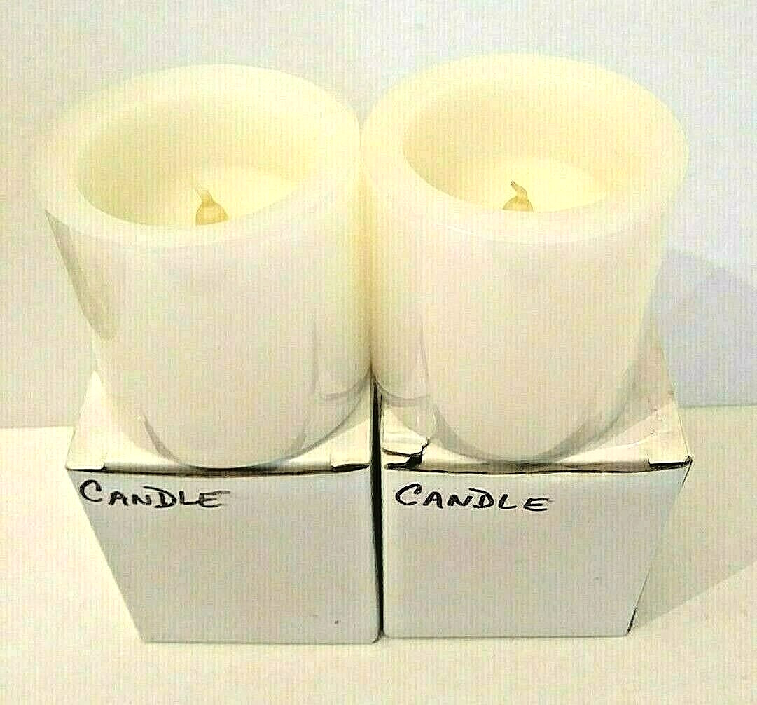 2 Wax Flameless Flickering Battery Operated Pillar Candles White 3 AAA 3″ tall