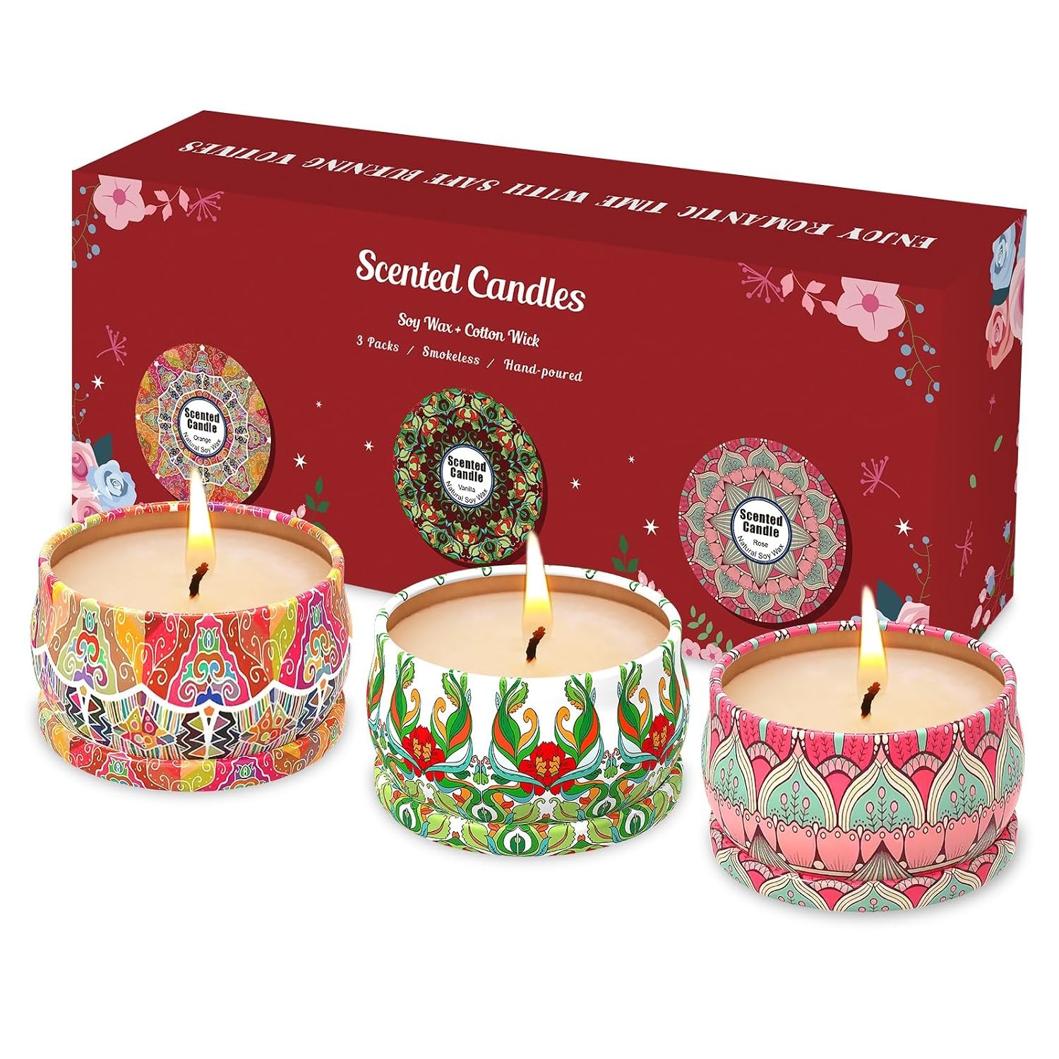 Scented Soy Wax Candles Gift Set, Orange, Rose, Vanilla, Long Lasting Home