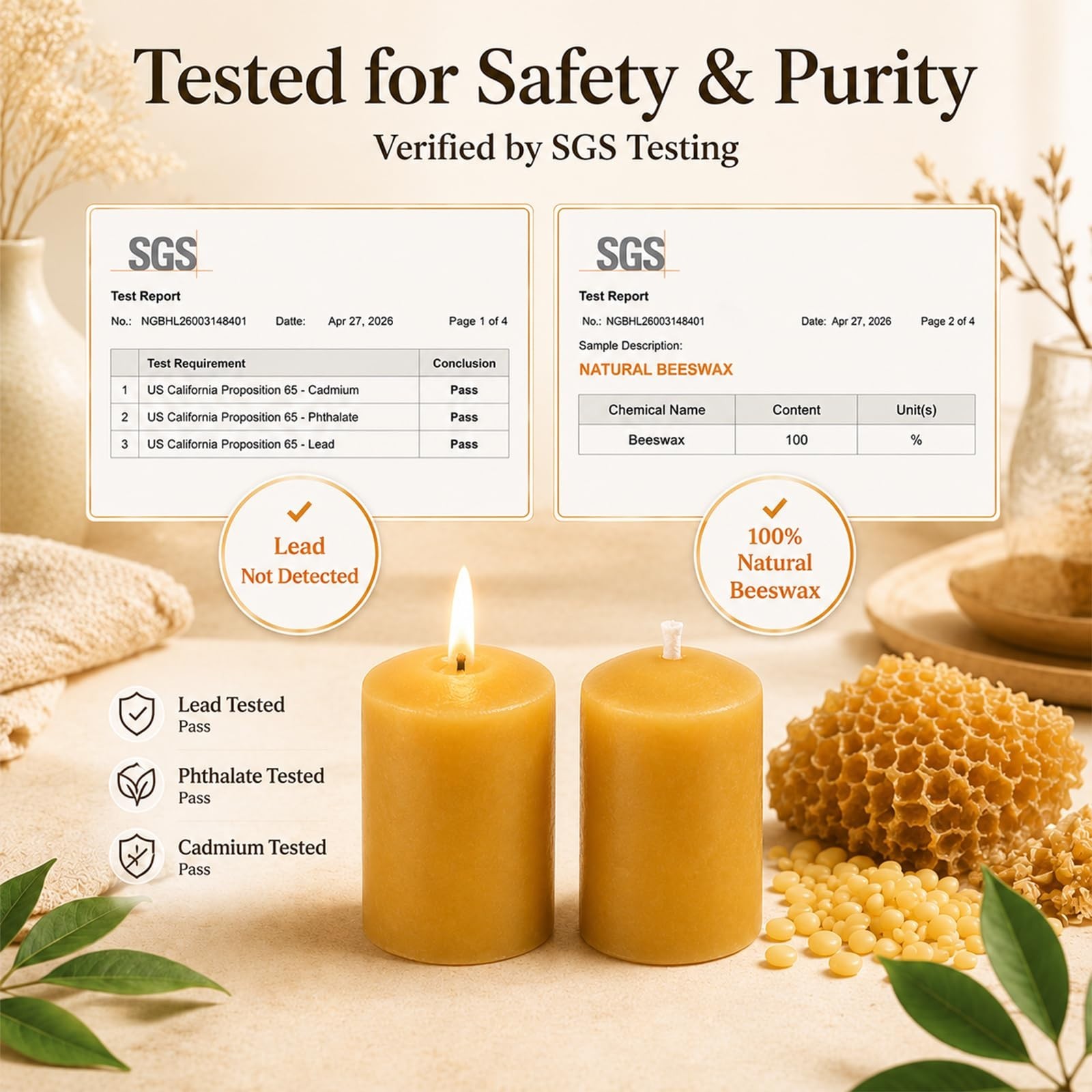 Bulk Beeswax Votive Candles 24 Pack | 8+ Hour Burn, Non-Toxic, Unscented, Lead-F