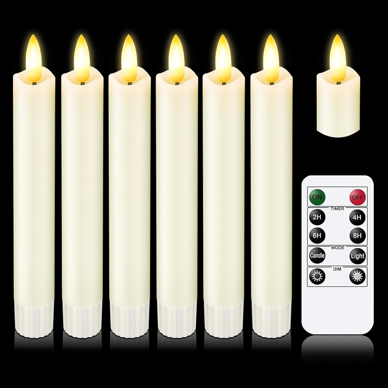 Upgraded Real Wax Short LED Flameless Taper Candles with Remote, 6 PCS White