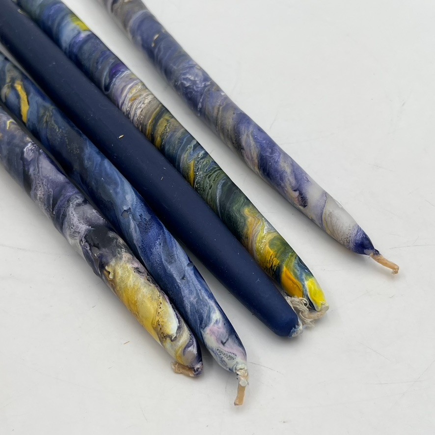 Vintage Mid-Century MCM Set of 5 11.5” Taper Candles Purple Gold Swirl “Tie Dye”