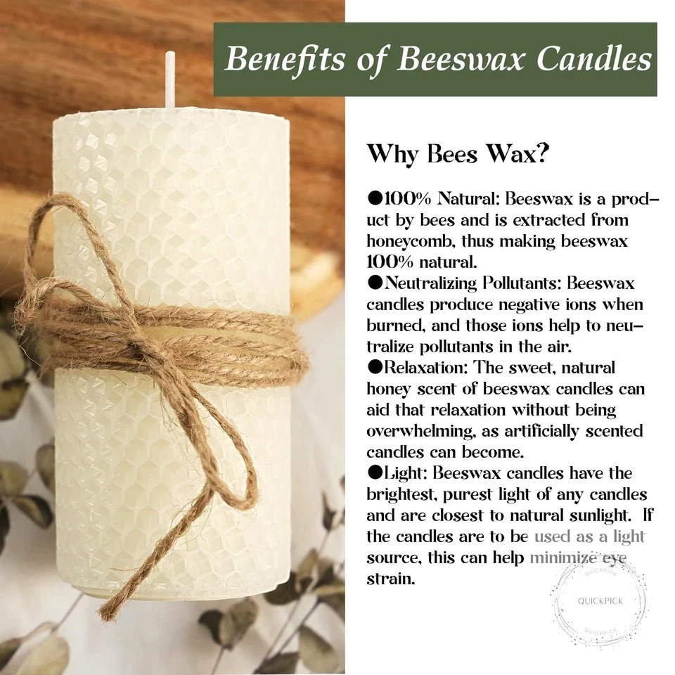 White Hand-Rolled Beeswax Candles, 4 Packs, 2×4 Inch White Honeycomb Pillar Cand