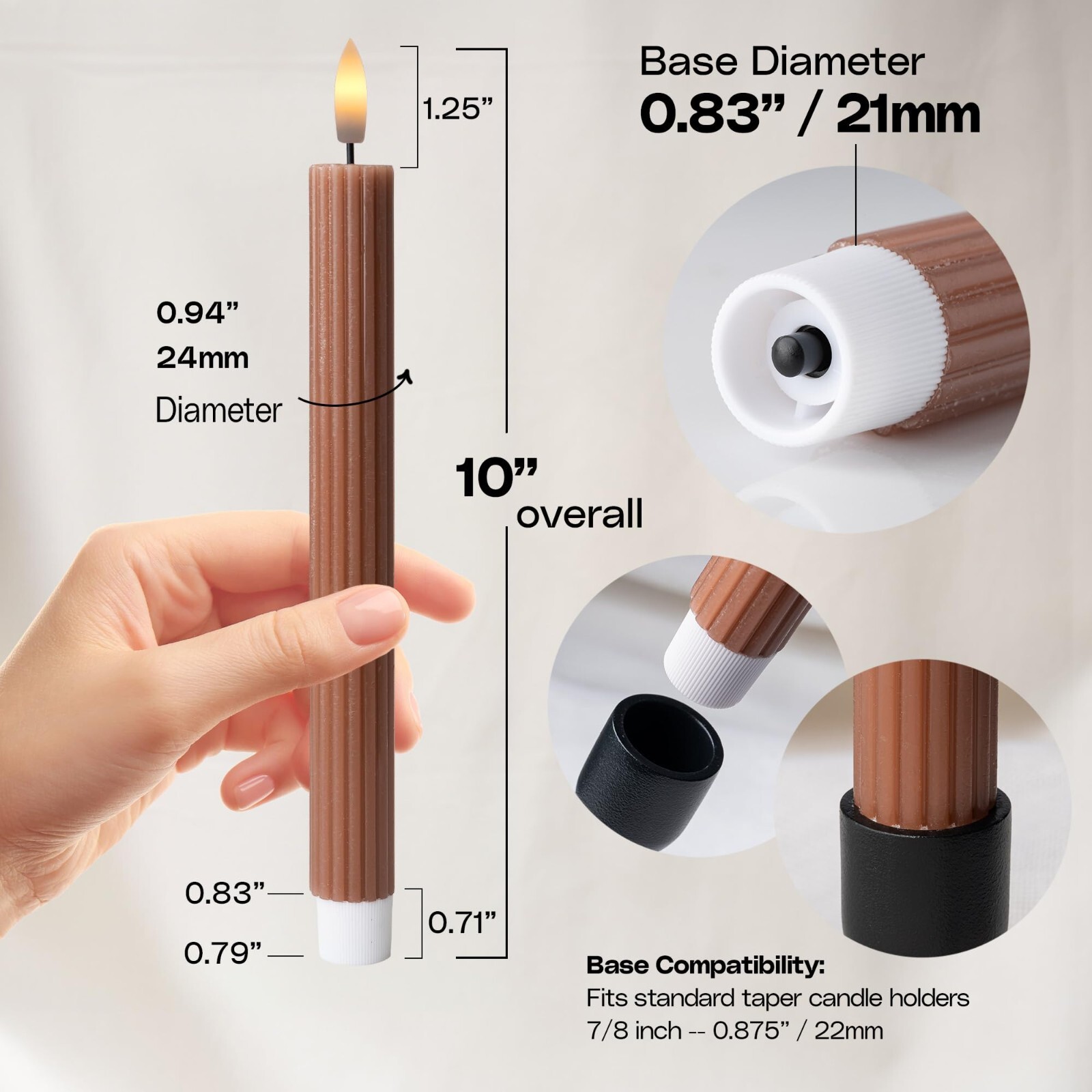 10″ Fluted Ribbed LED Brown Tan Grooved Pillar Candles Remote & 24h Timer Memory