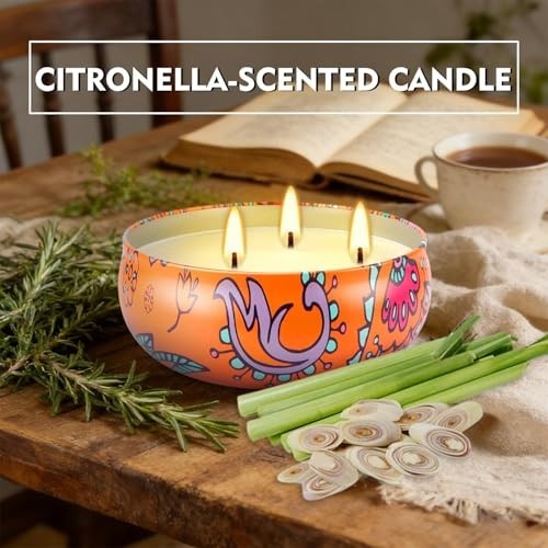 Citronella Scented 3 Wick Candle Soy Wax Boho Decorative Tin Indoor Outdoor