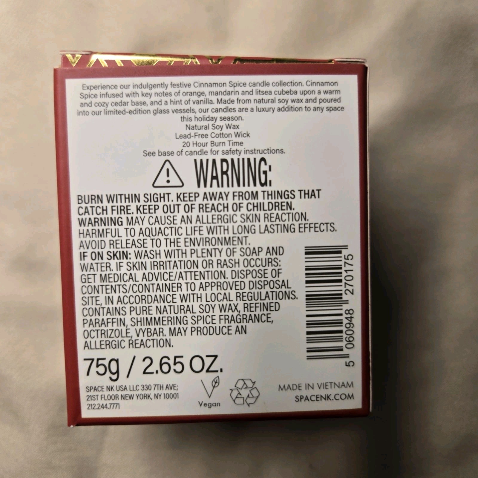 Beautyspace Cinnamon Spice Holiday Scented Candle 75G 2.65oz. Wonderful In Box