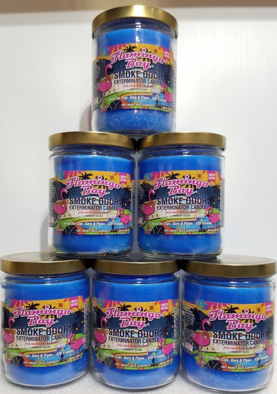 Smoke Odor Exterminator 13 oz Jar Candle, Flamingo Bay Set of Six Candles.