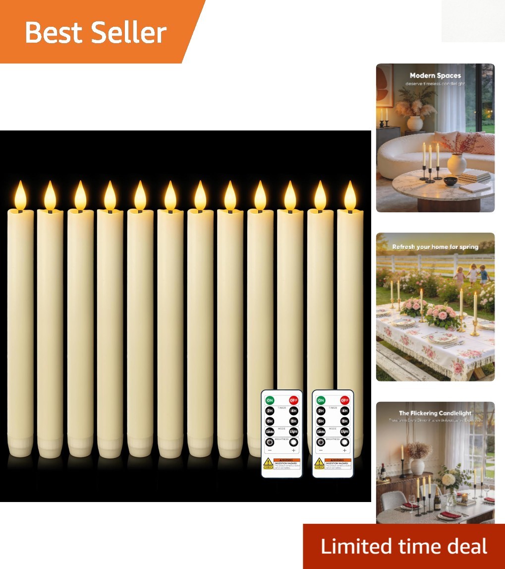 12 Pcs Ivory Flameless Taper Candles with Remote – Dimmable Flickering Light