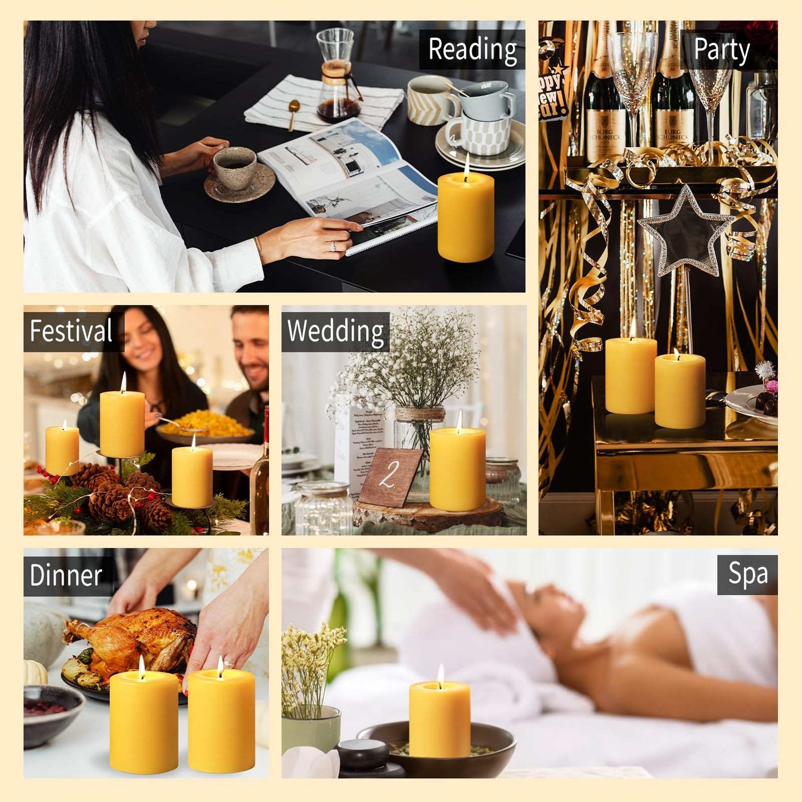 Capaniel Natural Beeswax Pillar Candles, 2 Pack, 3 x 4 Inch, 120 Hours Total