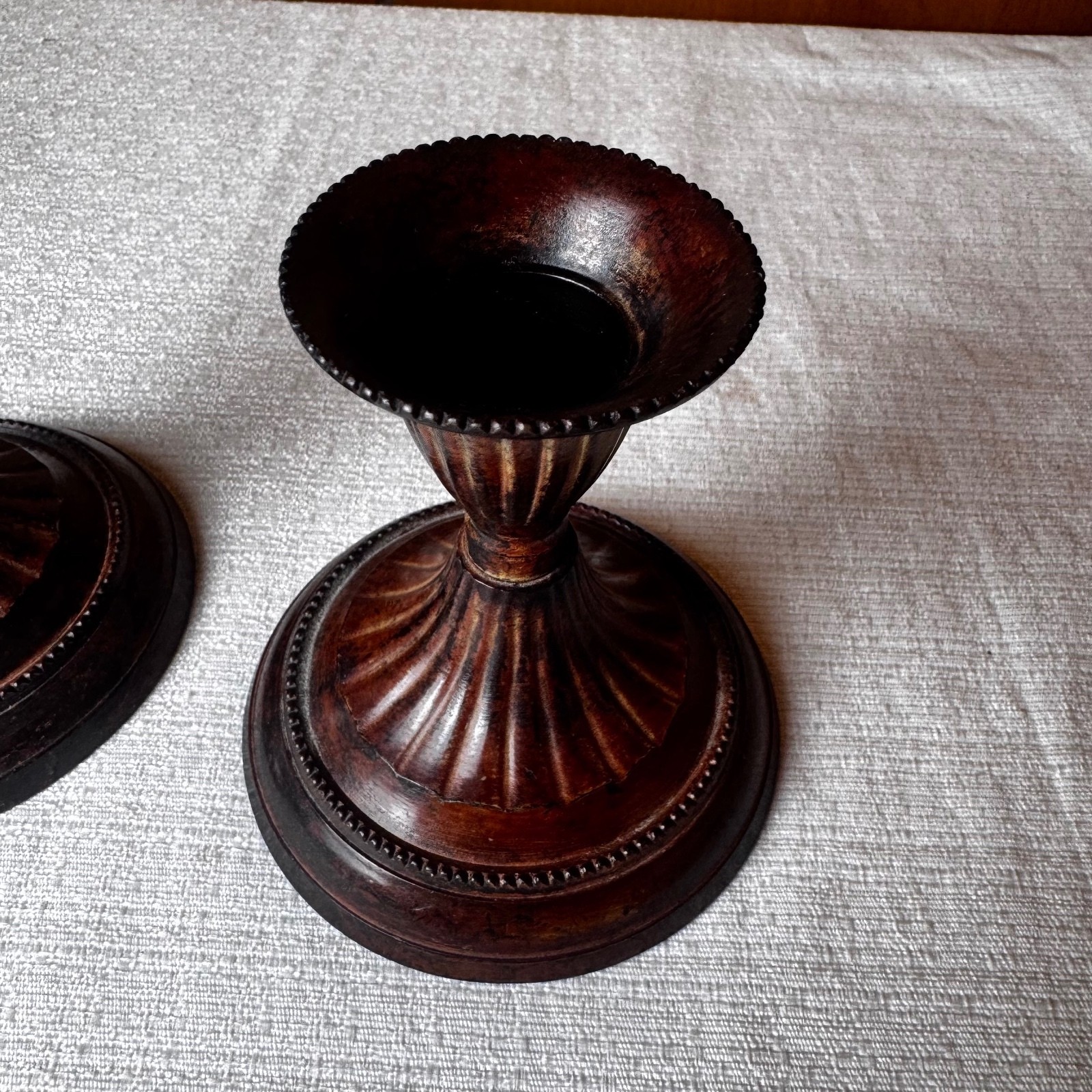 Vintage Hosley Solid Brass Candlestick Holders Pair Fluted Dark Patina India