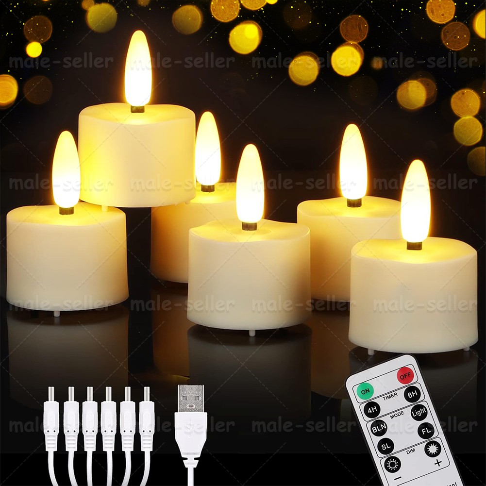 6/12x Rechargeable LED Tea Lights Flickering Flameless Candles with Timer Remote
