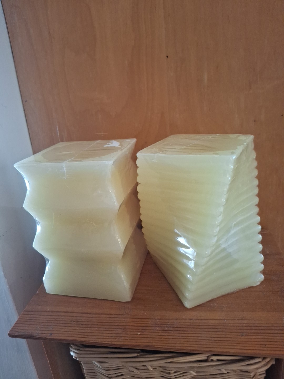 2 Flameless Candles New Yellow/Butter 6″x4″ Vanilla Scented Modern Abstract