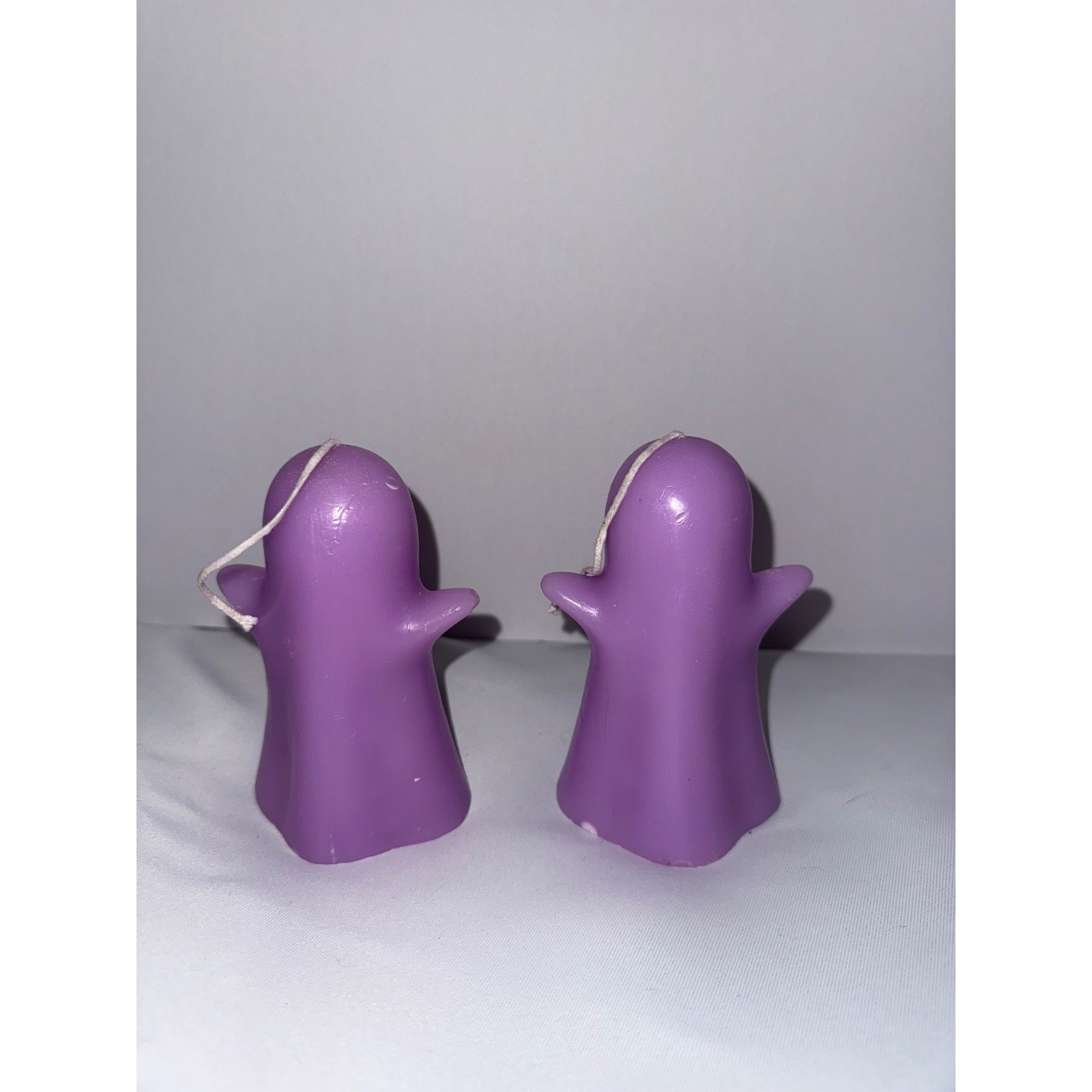 Purple Ghost Candles Set of 2 Halloween Spooky Decor Unscented Wax Pillars 3in