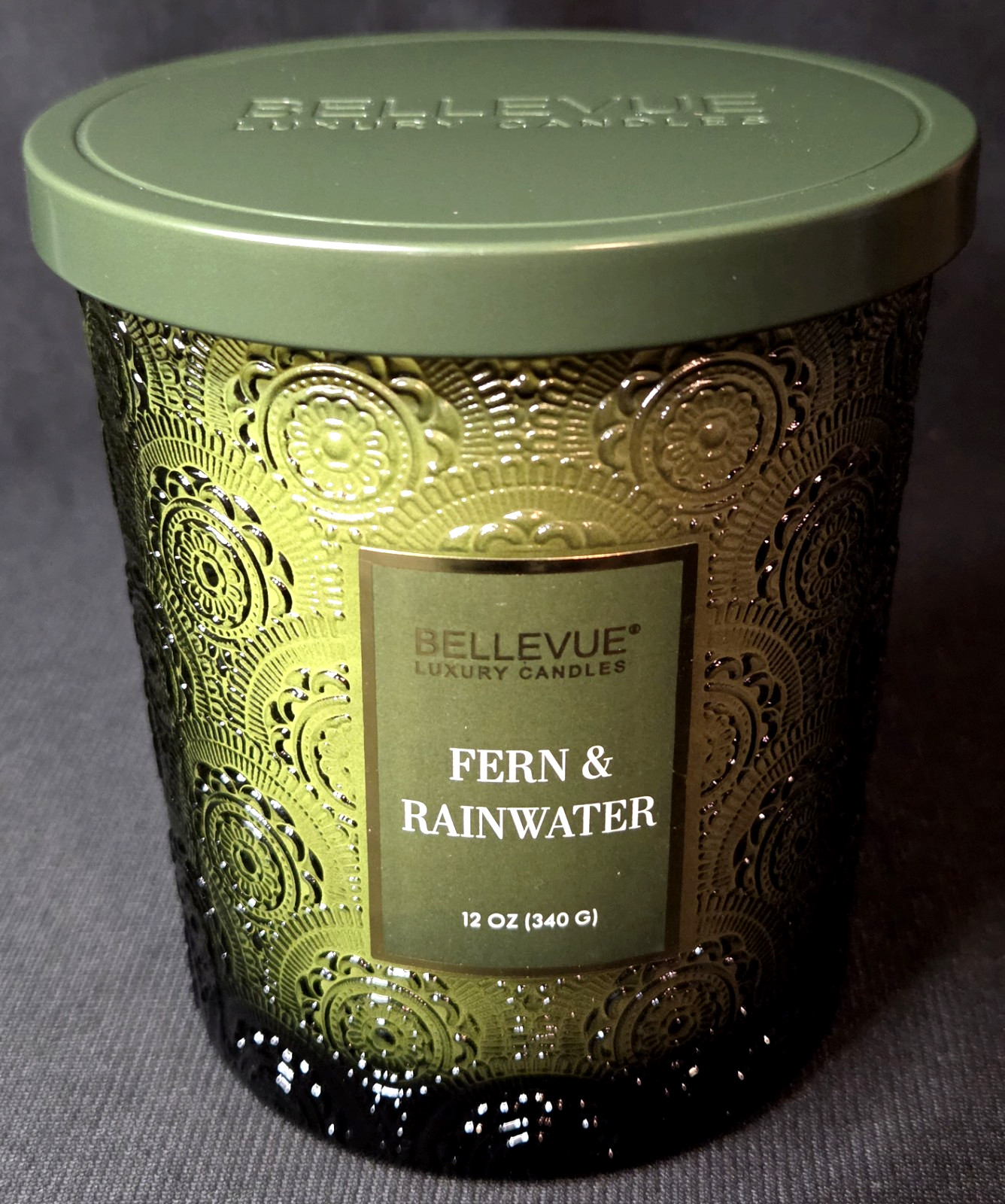 Bellevue Candle Forest Fern & Rainwater Embossed Green Soy Blend 2 Wick 12 Oz