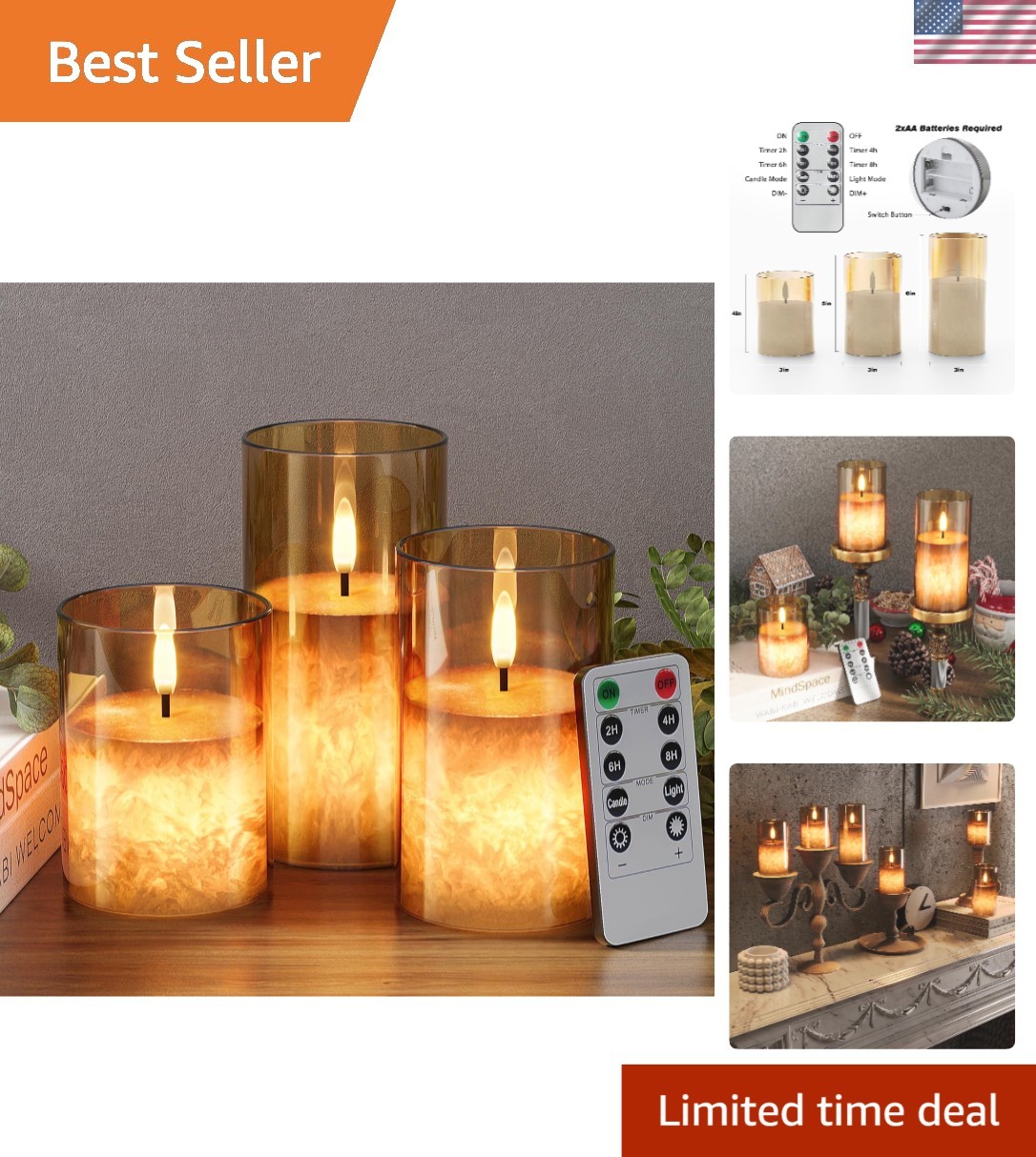 Dimmable Gold LED Flameless Candles with Remote – Sparkling Warm Glow, 3 Pack