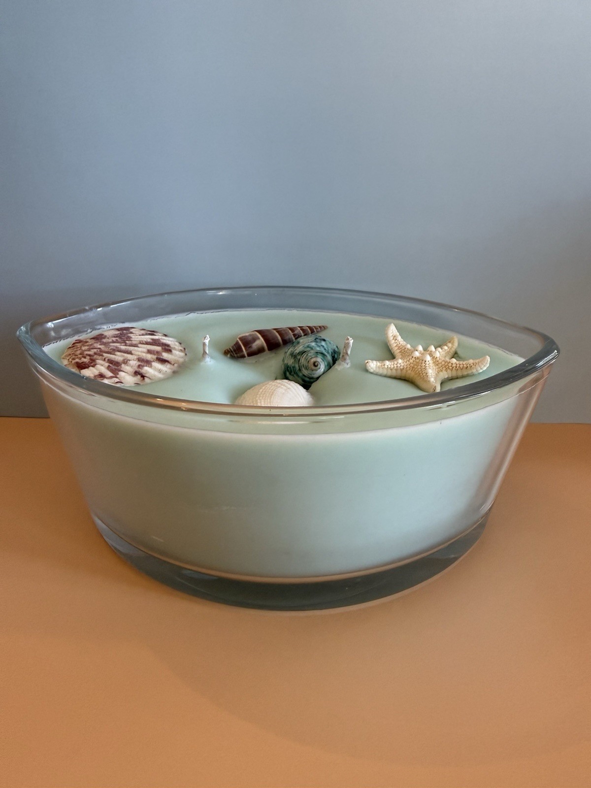 Light Blue Oval Glass Jar/Container Wax Candle, Scented, Sea Life Beach Decor