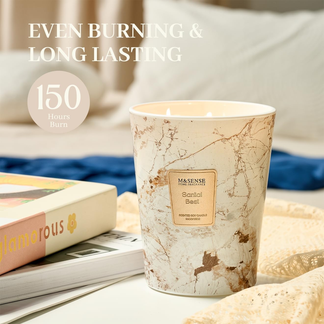 MandSENSE Extra Large Candle 35oz 150H Santal Scented 3-Wick Highly Scented J…