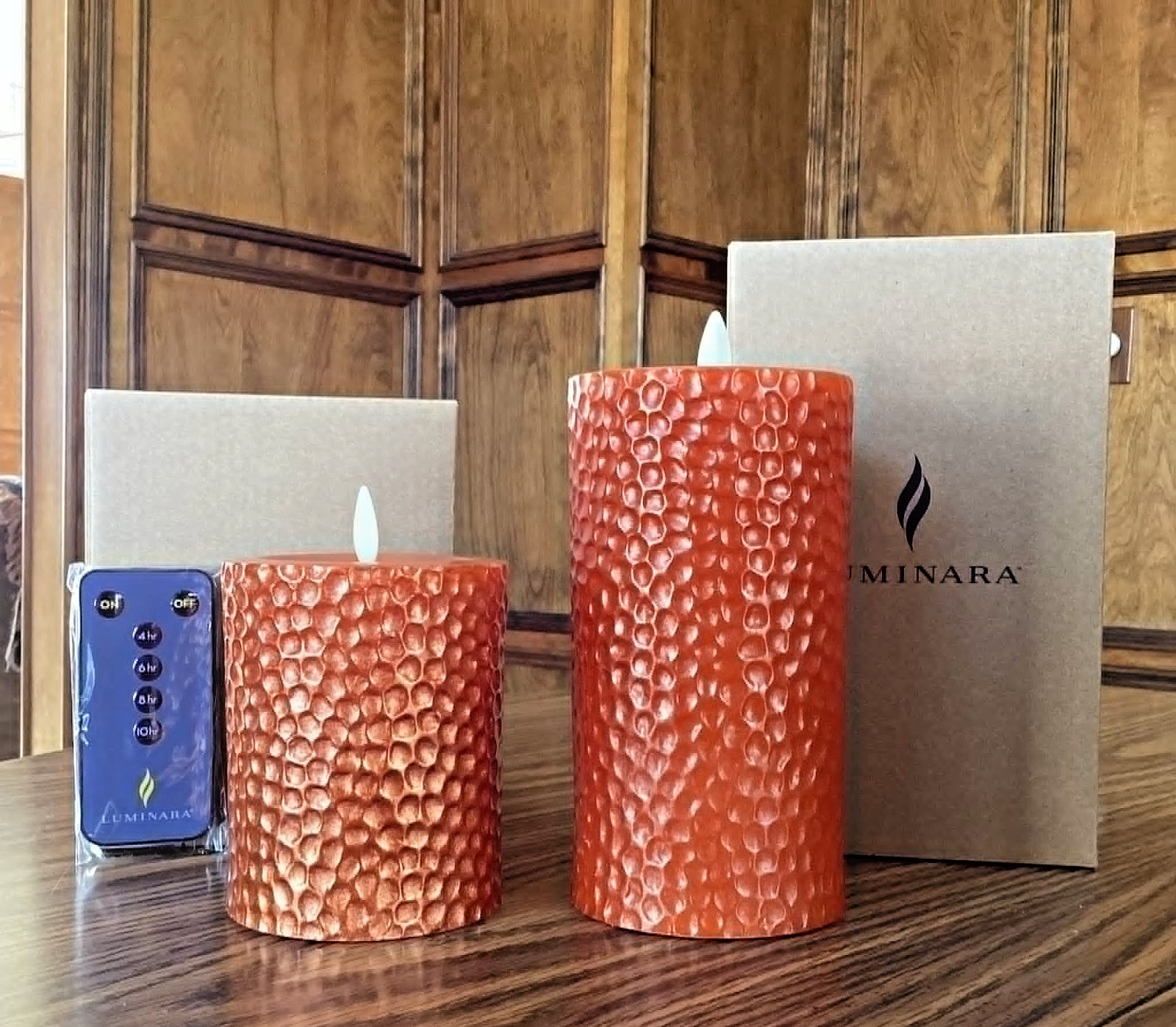 Luminara S/2 Flameless 4″& 6″ Metallic Hammered Pillar Set In AUTUMN – FREE SHIP
