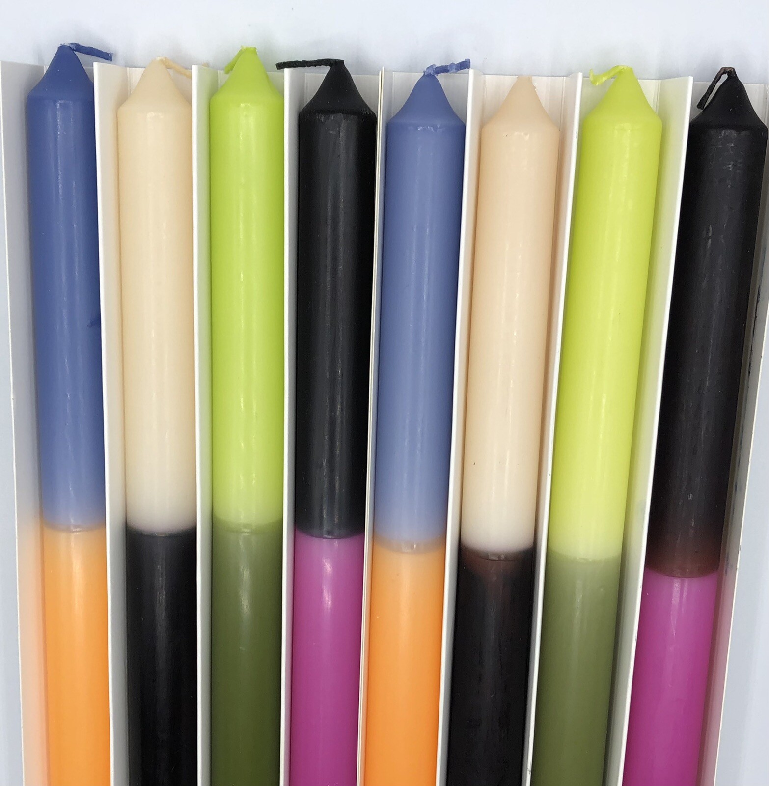 New – Multi Color 10″ Two-Tone Taper Candle Set of 8 – Color-Block Tall Candles