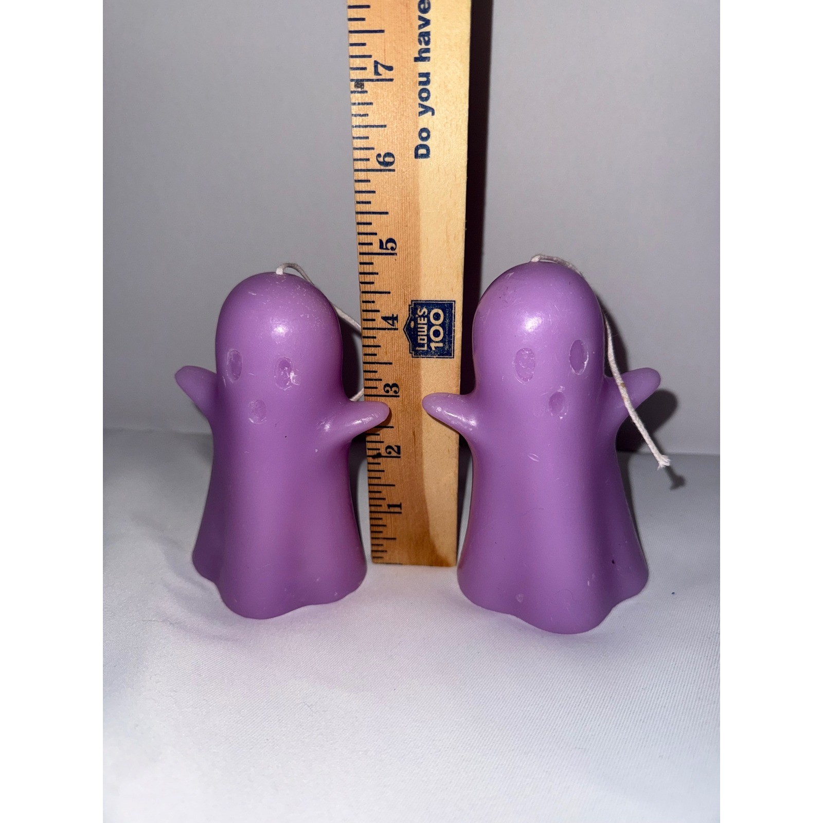 Purple Ghost Candles Set of 2 Halloween Spooky Decor Unscented Wax Pillars 3in