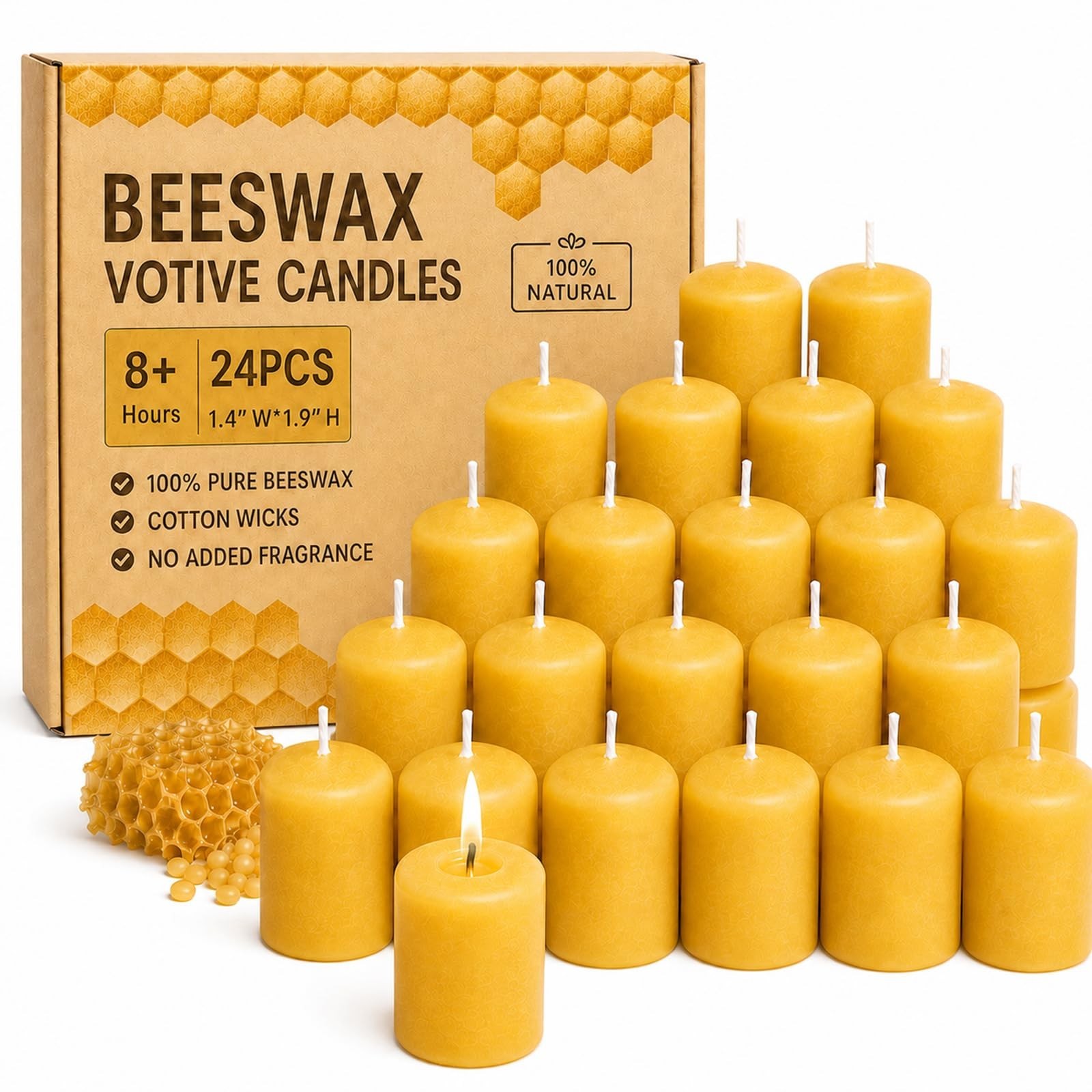 Bulk Beeswax Votive Candles 24 Pack | 8+ Hour Burn, Non-Toxic, Unscented, Lead-F