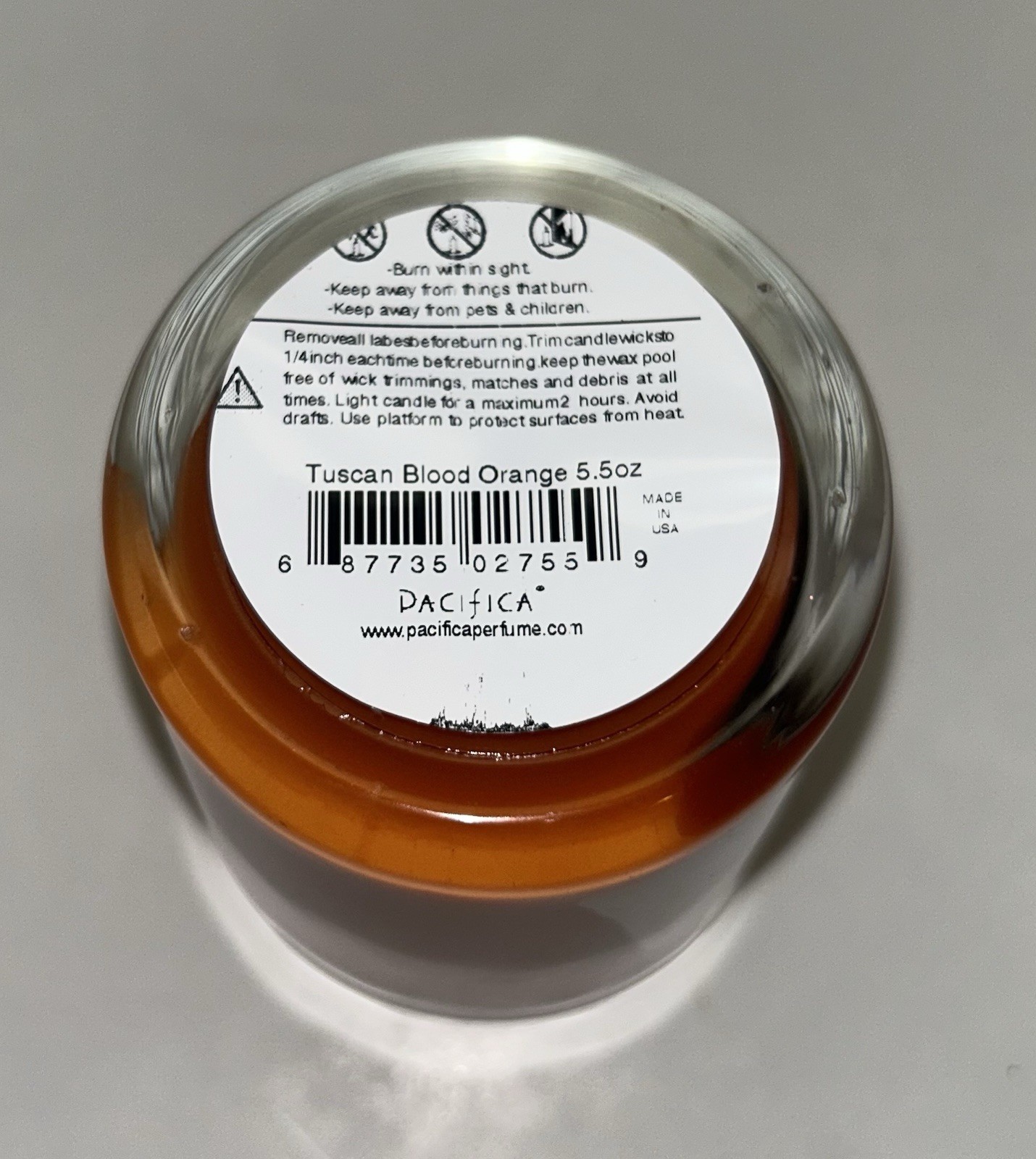 Pacifica TUSCAN BLOOD ORANGE Candle 5.5 oz. Made in USA NEW IN BOX Soy Glass
