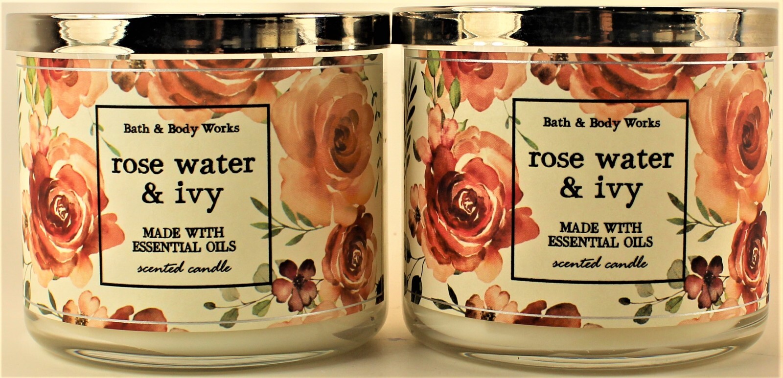 QTY 2 – Bath & Body Works ROSE WATER & IVY 3 Wick 14.5 Oz Scented Candle