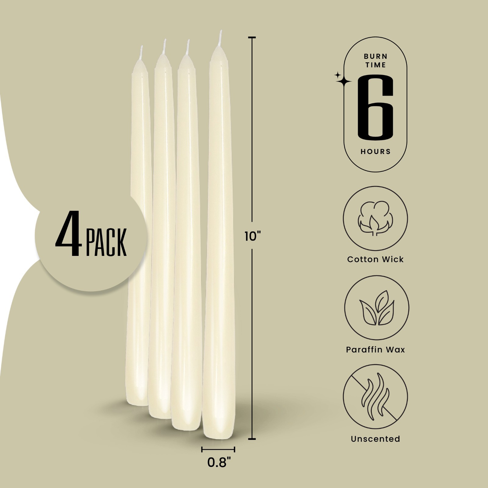 Leor & Lair Taper Candles – 4 Pack – 10″ Tall Candlesticks, Unscented, 6+ Hours