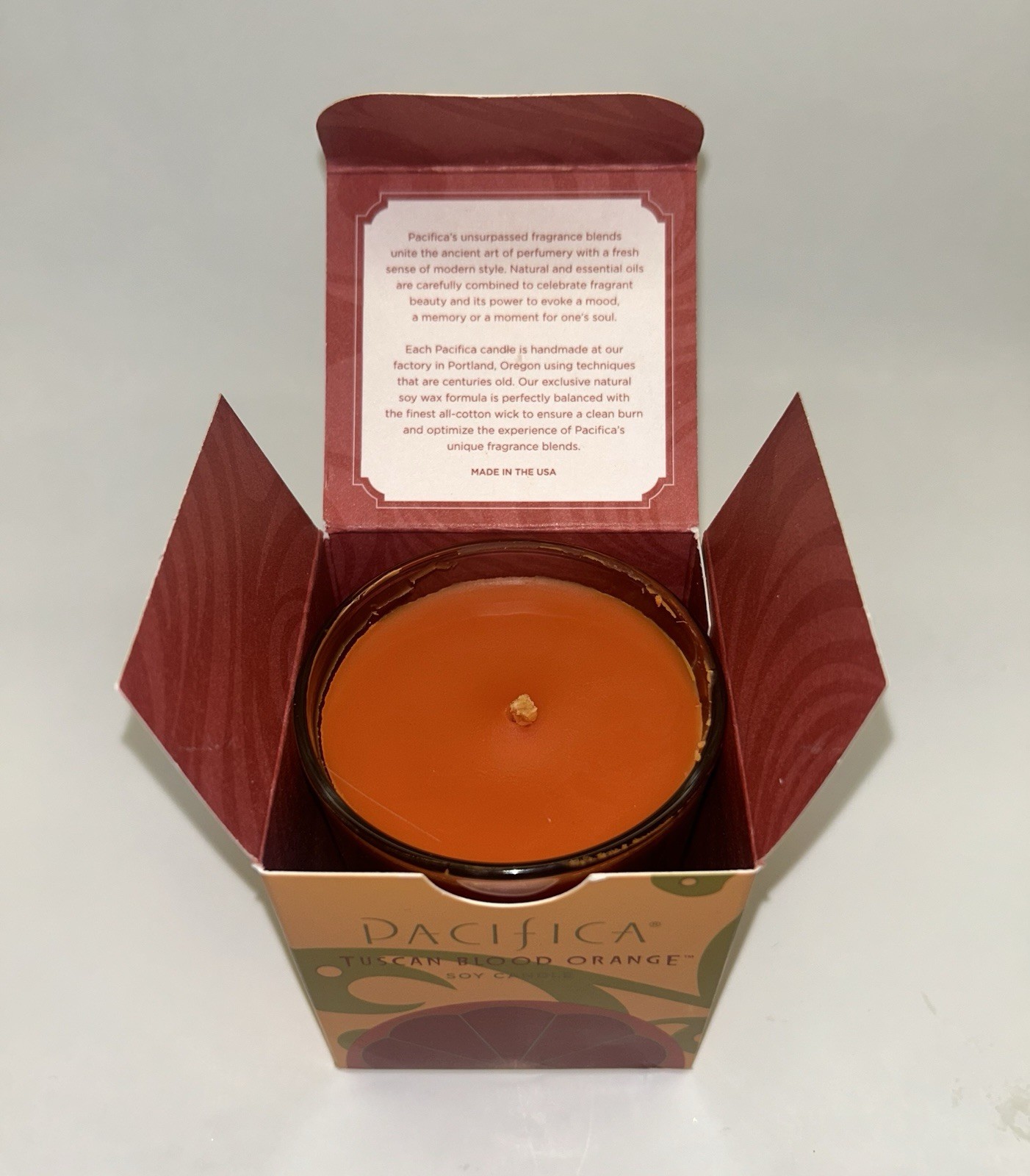 Pacifica TUSCAN BLOOD ORANGE Candle 5.5 oz. Made in USA NEW IN BOX Soy Glass