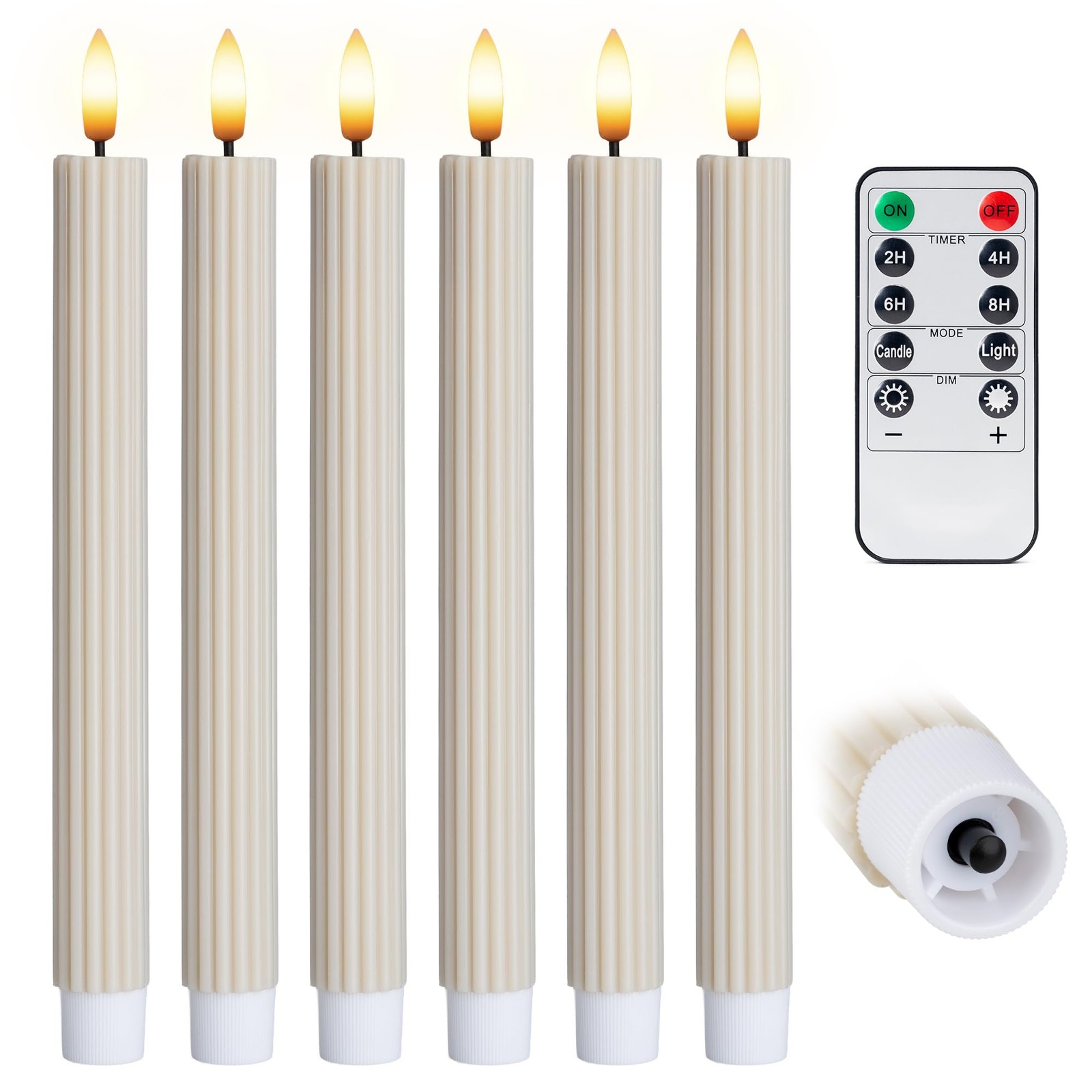 6 PCS Fluted LED Cream Beige Taper Candles Remote Dimmable Battery 10 Inch