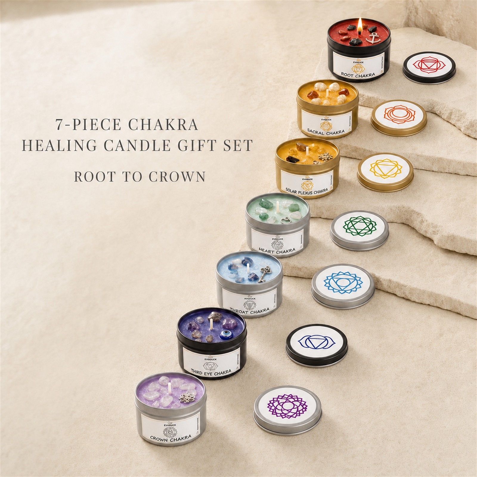 7-Piece EVODUCK Chakra Healing Candle Gift Set, Crystals, Balance Chakras
