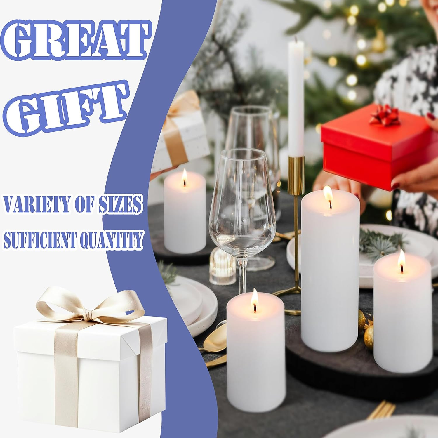 36 Pcs White Pillar Candles Bulk Set，2X3 2X6 2X8 Inch – 12 Each Size，Hurricane C
