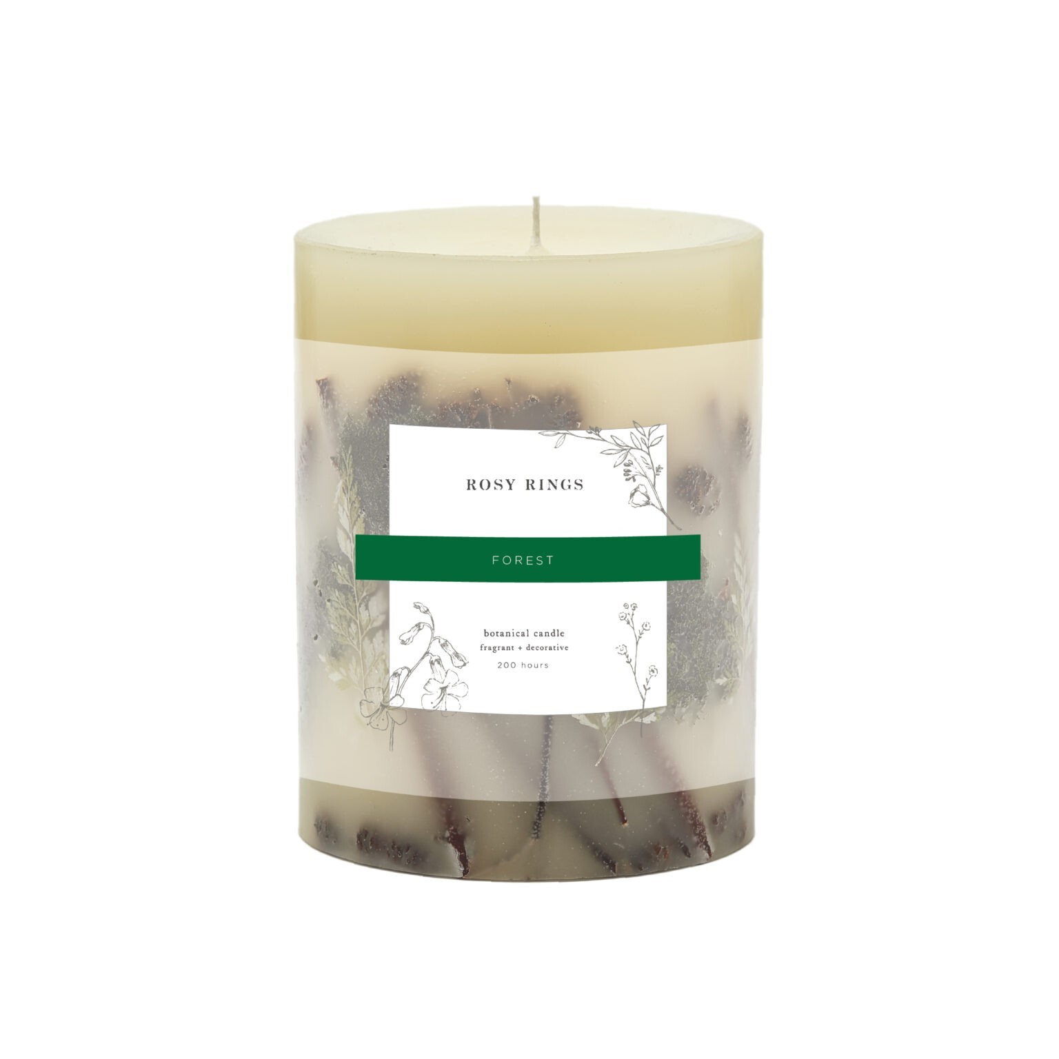 ROSY RINGS, FOREST WINTER / HOLIDAY LUXURY BOTANICAL CANDLE, 6.5″ TALL, 120 HRS