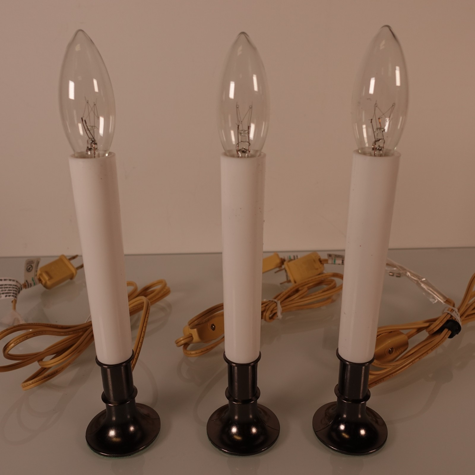 Electric Window Candles Lights Set of 3 Glass Bulb White w/ Black Metallic Base