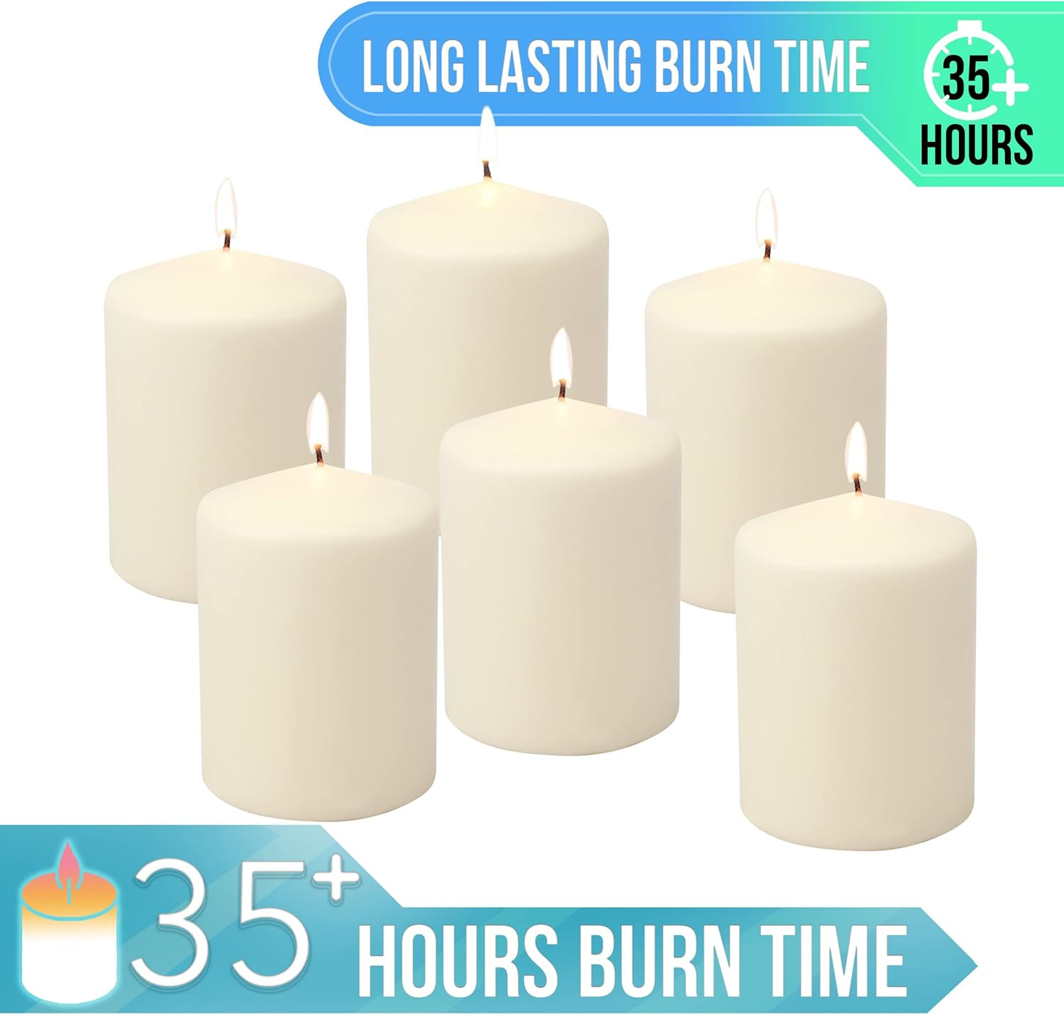 Unscented Pillar Candles – 35 Hour Burn Time, Long-Lasting Wax Candles for Weddi