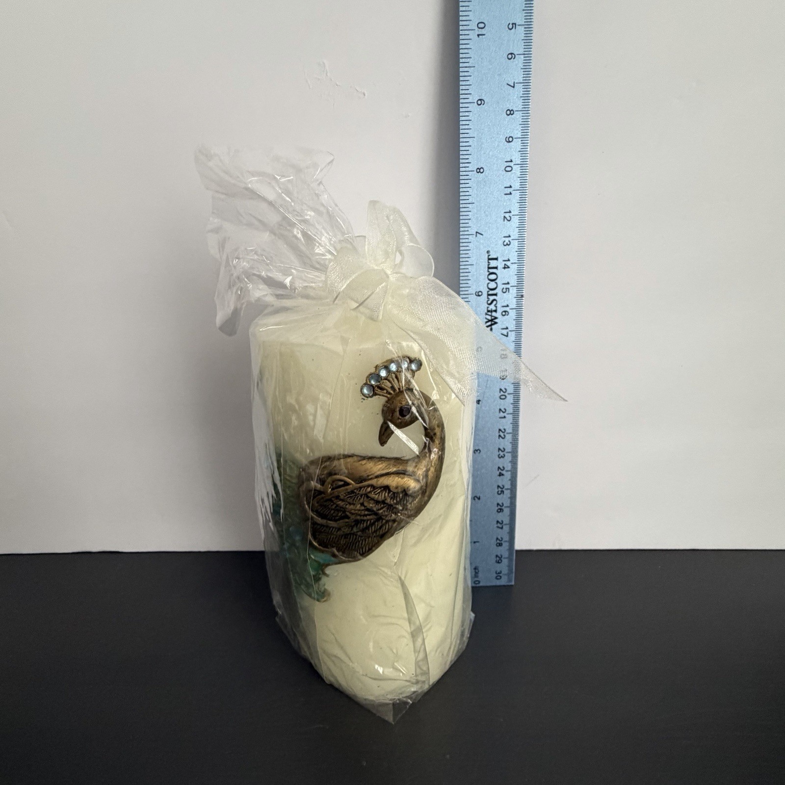 Pier One Peacock Candle Unscented Pillar 6 in Jeweled Feathers Original Package