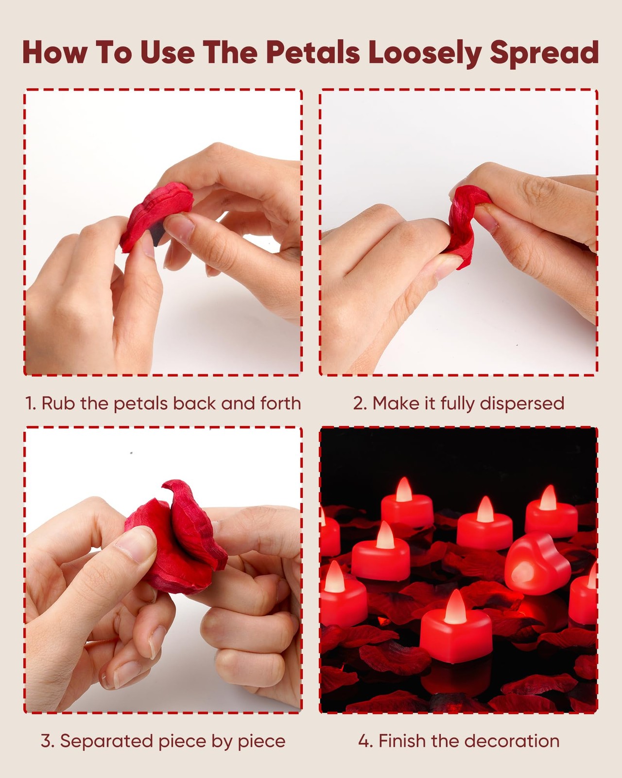 1000 Pieces Red Artificial Rose Petals with 12 Red Heart LED Tea Lights, Rose