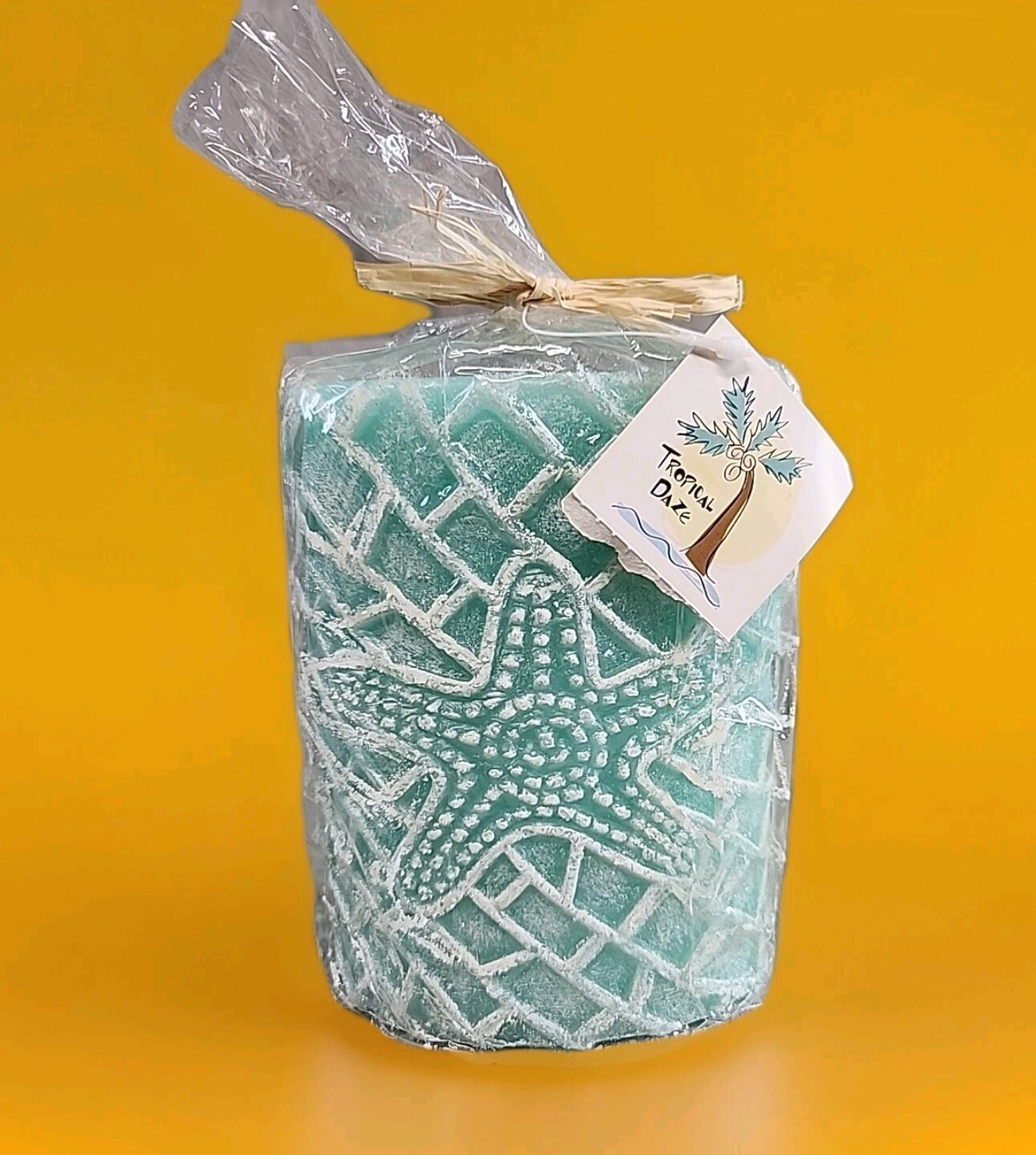 Ocean-Themed Blue Starfish & Shell Pillar Candle 2-wick Tropical Daze 6″