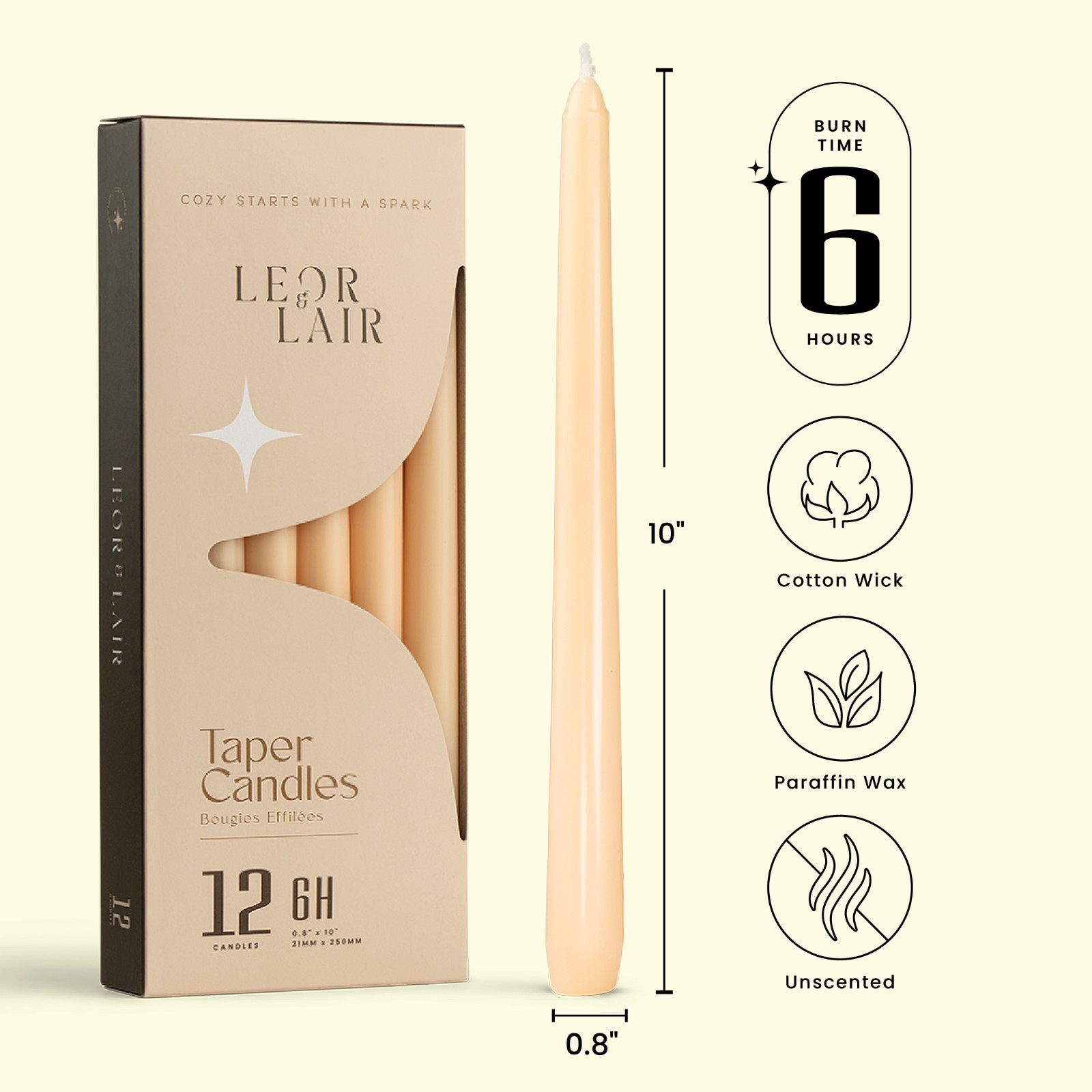 Leor & Lair Taper Candles – 12 Pack – 10″ Tall Candlesticks, Unscented, 6+ Hours