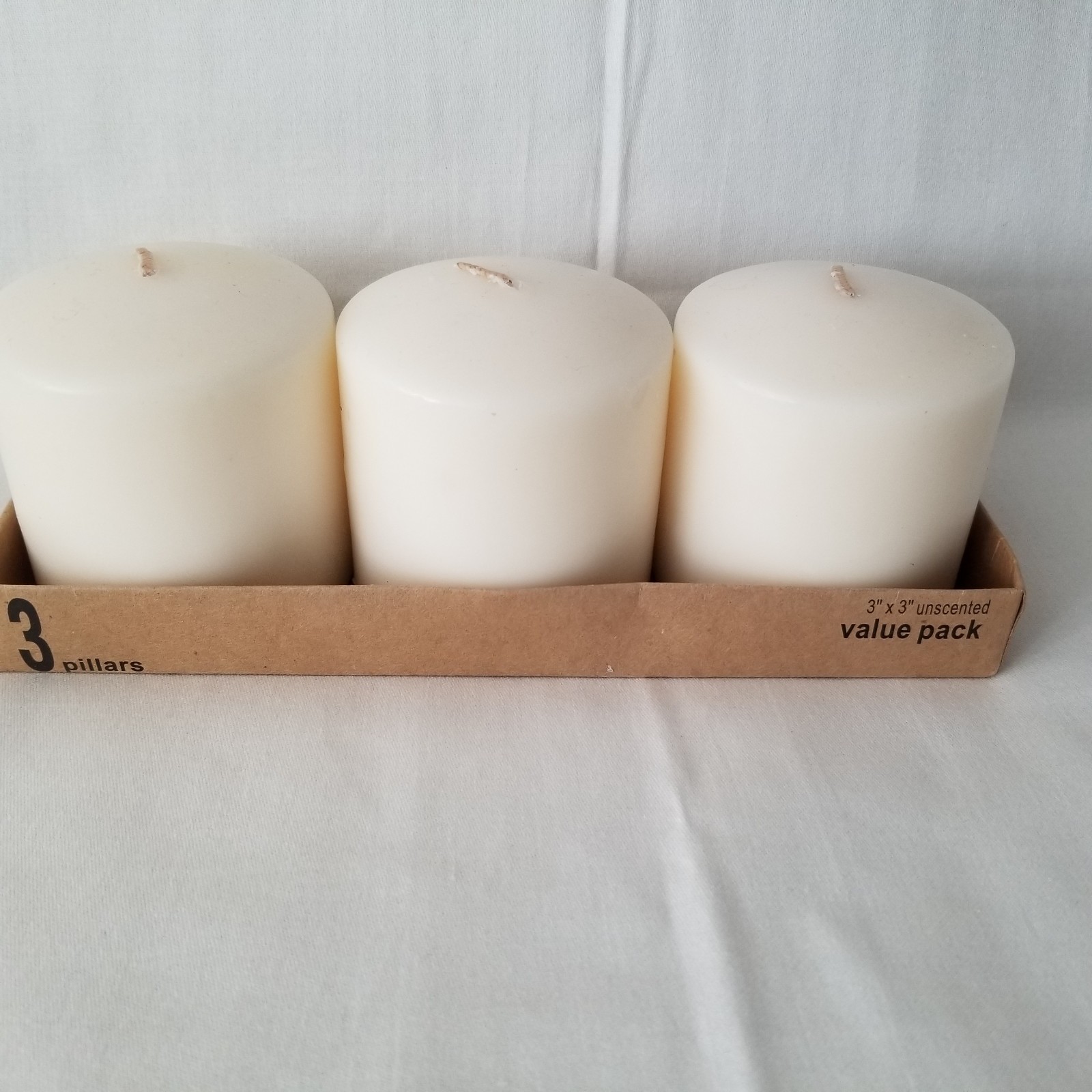 3 – Off White 3 x 3 inch Piller Candles New in Open Box Unscented